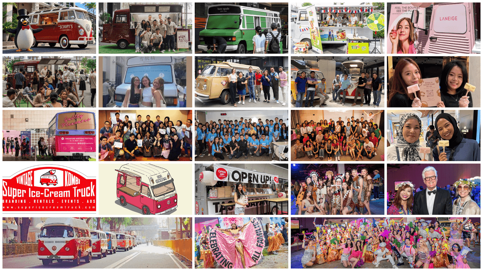 Collage showcasing Scoopy's & Cream branded ice cream trucks, vintage kombi vans, corporate activations, roadshows, product launches, promotional events, and happy clients across Singapore.