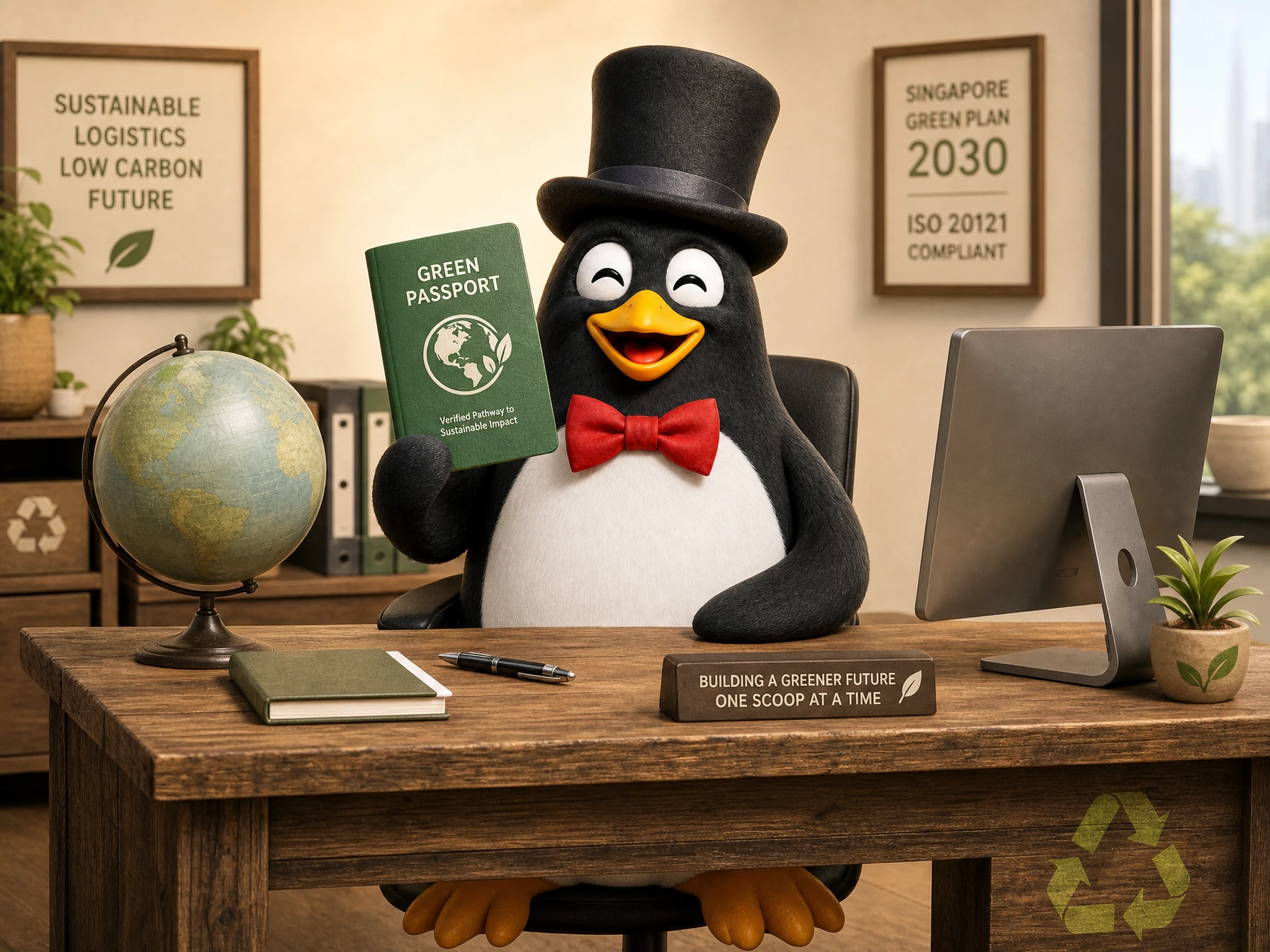 Penguin with green passport at desk