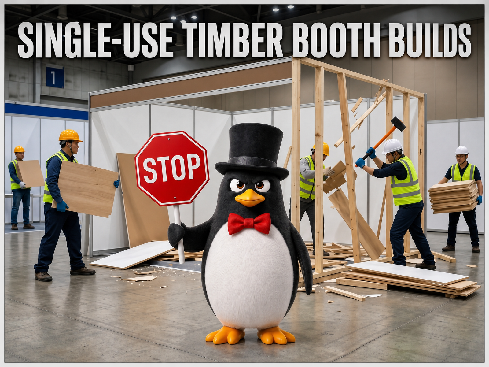 Single-use timber exhibition booth being dismantled as event waste