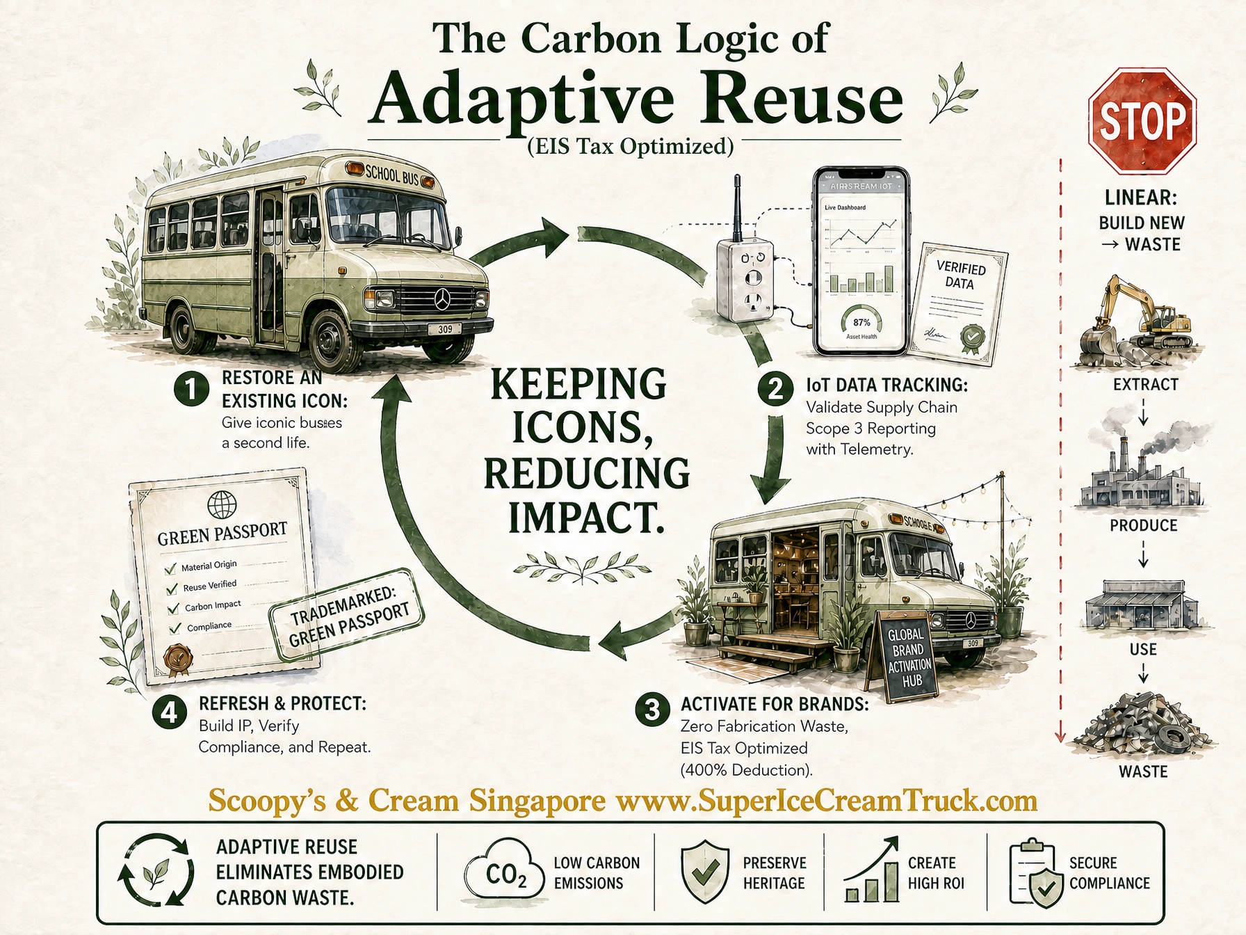 An educational infographic mapping out the carbon lifecycle benefits of adaptive reuse using a vintage Mercedes 309 school bus. It compares a circular economy framework featuring 400% EIS tax deductions and IoT smart plug data tracking against a linear 'build new to waste' custom event booth lifecycle that ends in a landfill.