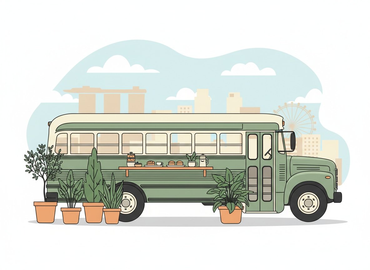 Illustration of a restored vintage green and cream heritage bus converted into a mobile event stand with a serving counter, surrounded by potted plants, against a stylised Singapore skyline featuring Marina Bay Sands and the Singapore Flyer.