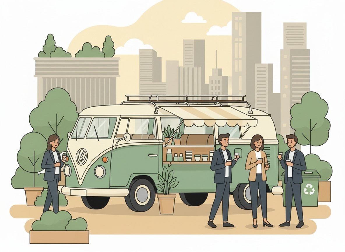 Illustration of a restored vintage mint-green and cream Volkswagen Kombi van converted into a mobile event stand at a sustainable corporate activation in Singapore, with business guests holding reusable cups, potted greenery and a recycling bin, against a stylised city skyline.